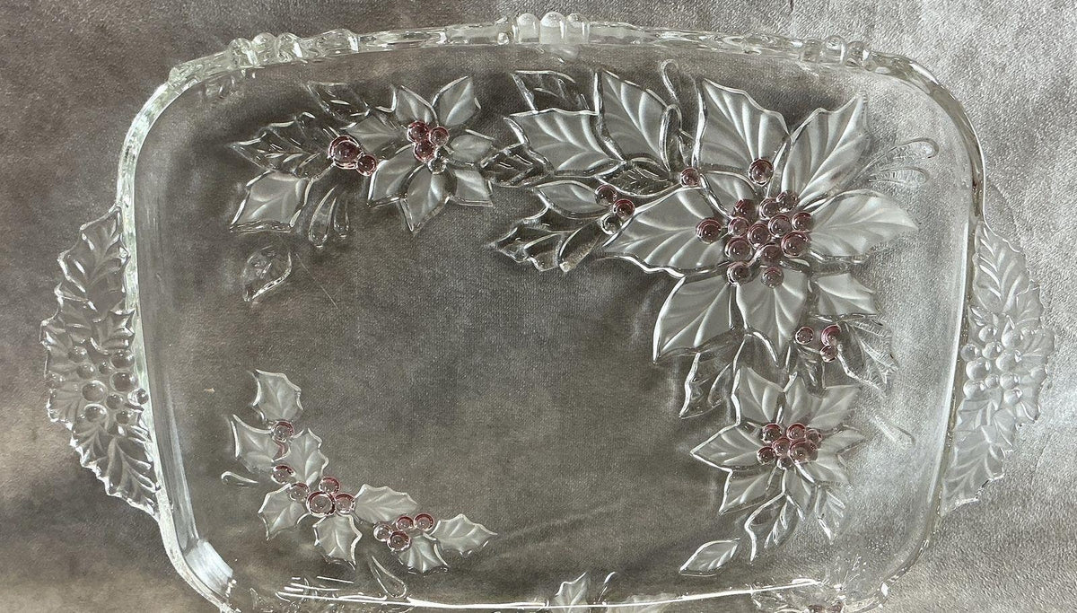 Poinsettia Holly Glass Serving Tray Platter Double Handle Frosted Pink Berries