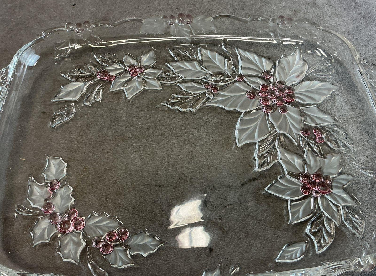 Poinsettia Holly Glass Serving Tray Platter Double Handle Frosted Pink Berries