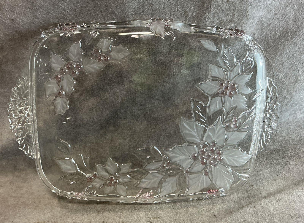 Poinsettia Holly Glass Serving Tray Platter Double Handle Frosted Pink Berries