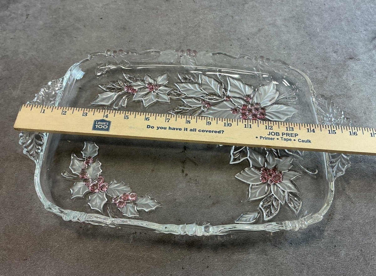 Poinsettia Holly Glass Serving Tray Platter Double Handle Frosted Pink Berries