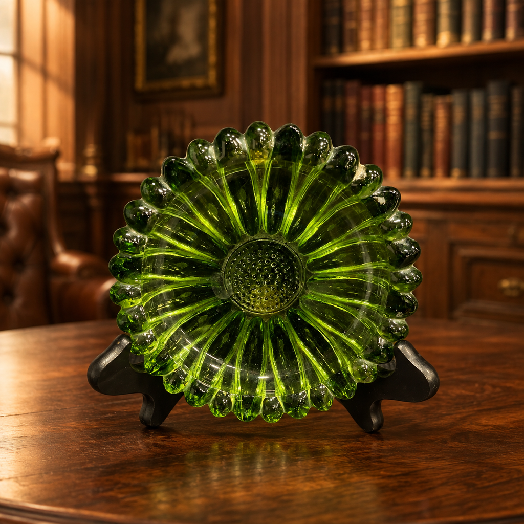 Hazel Atlas Art Glass Ribbed Flower Ashtray Green Pressed Glass Round Dish