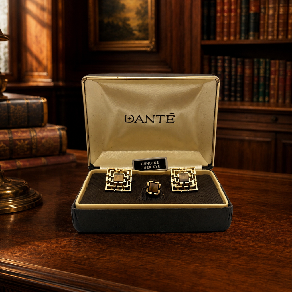 Gold Tone Cufflink and Tie Tack Set W/ Tiger's Eye Accents