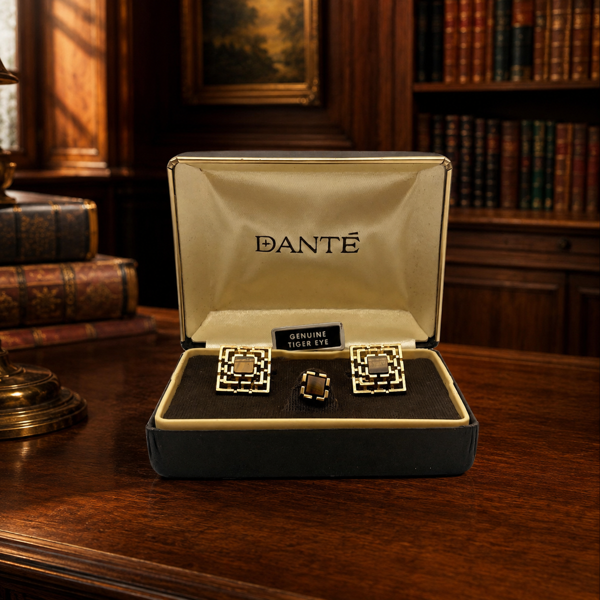 Gold-tone cufflinks and tie tack set with tiger's eye-style accents