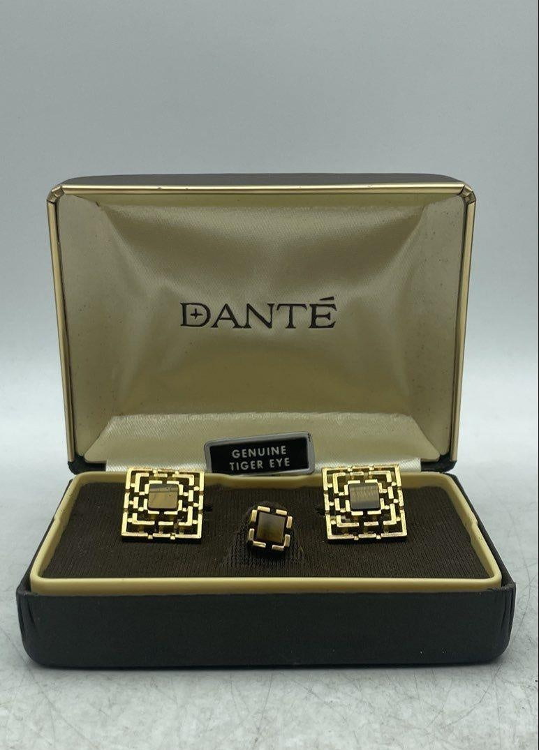 Gold Tone Cufflink and Tie Tack Set W/ Tiger's Eye Accents