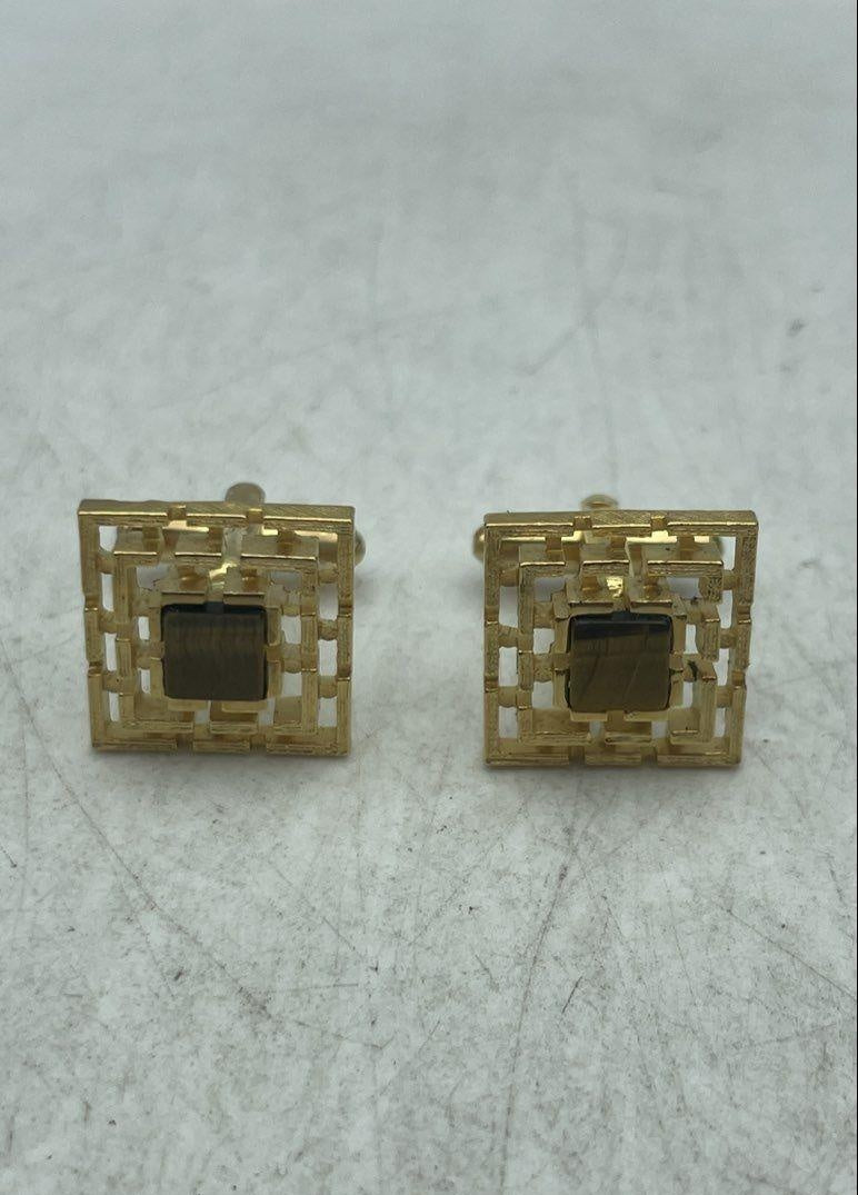 Gold Tone Cufflink and Tie Tack Set W/ Tiger's Eye Accents