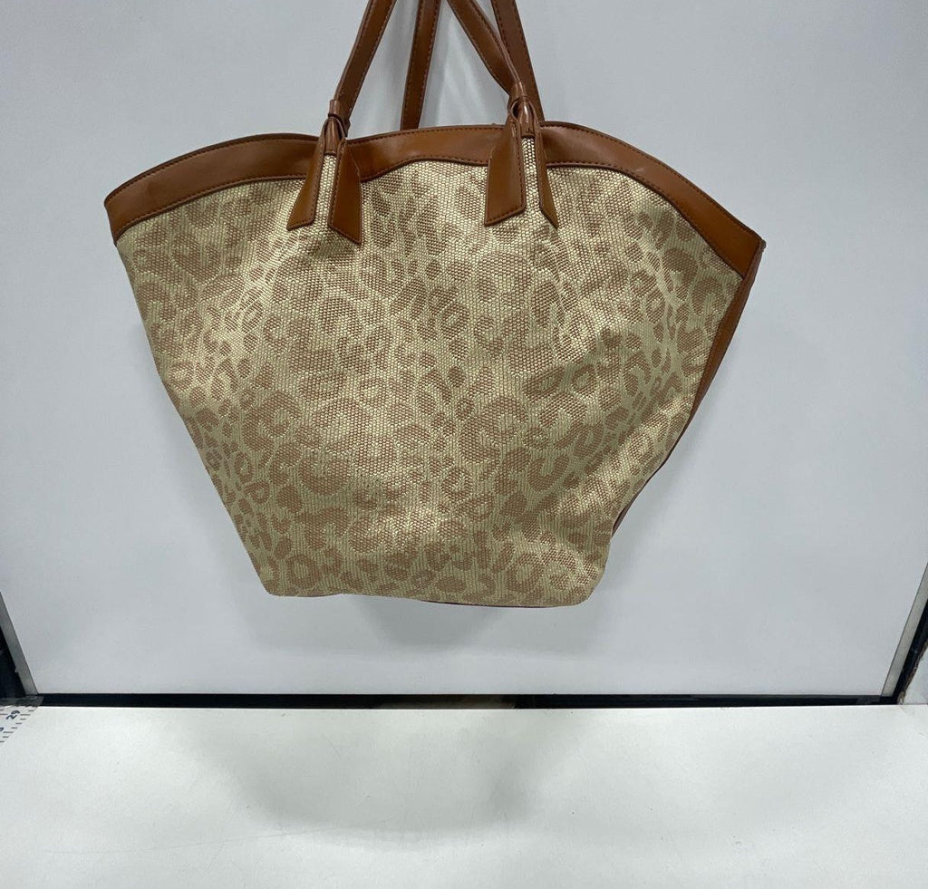 Nicole Miller New York Womens Tote Bag Brown Tan Leopard Print Woven Top Handles