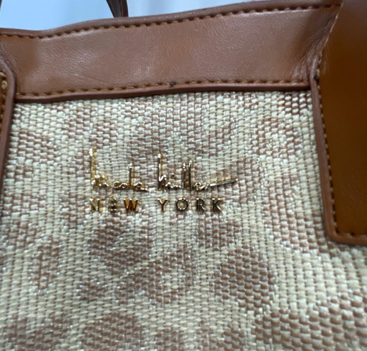Nicole Miller New York Womens Tote Bag Brown Tan Leopard Print Woven Top Handles