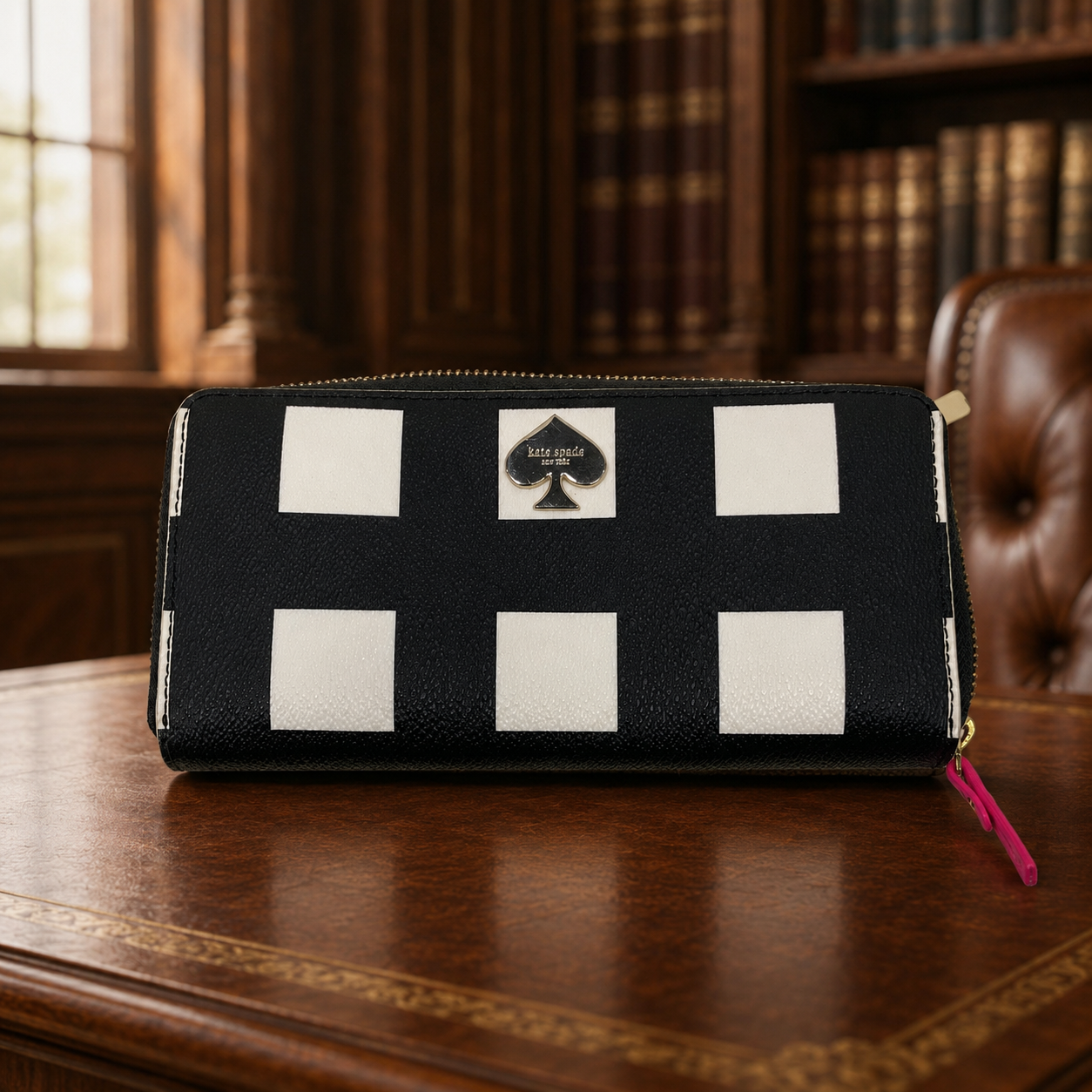 Kate Spade Women Black White Checkerboard Leather Gold Hardware Zipper