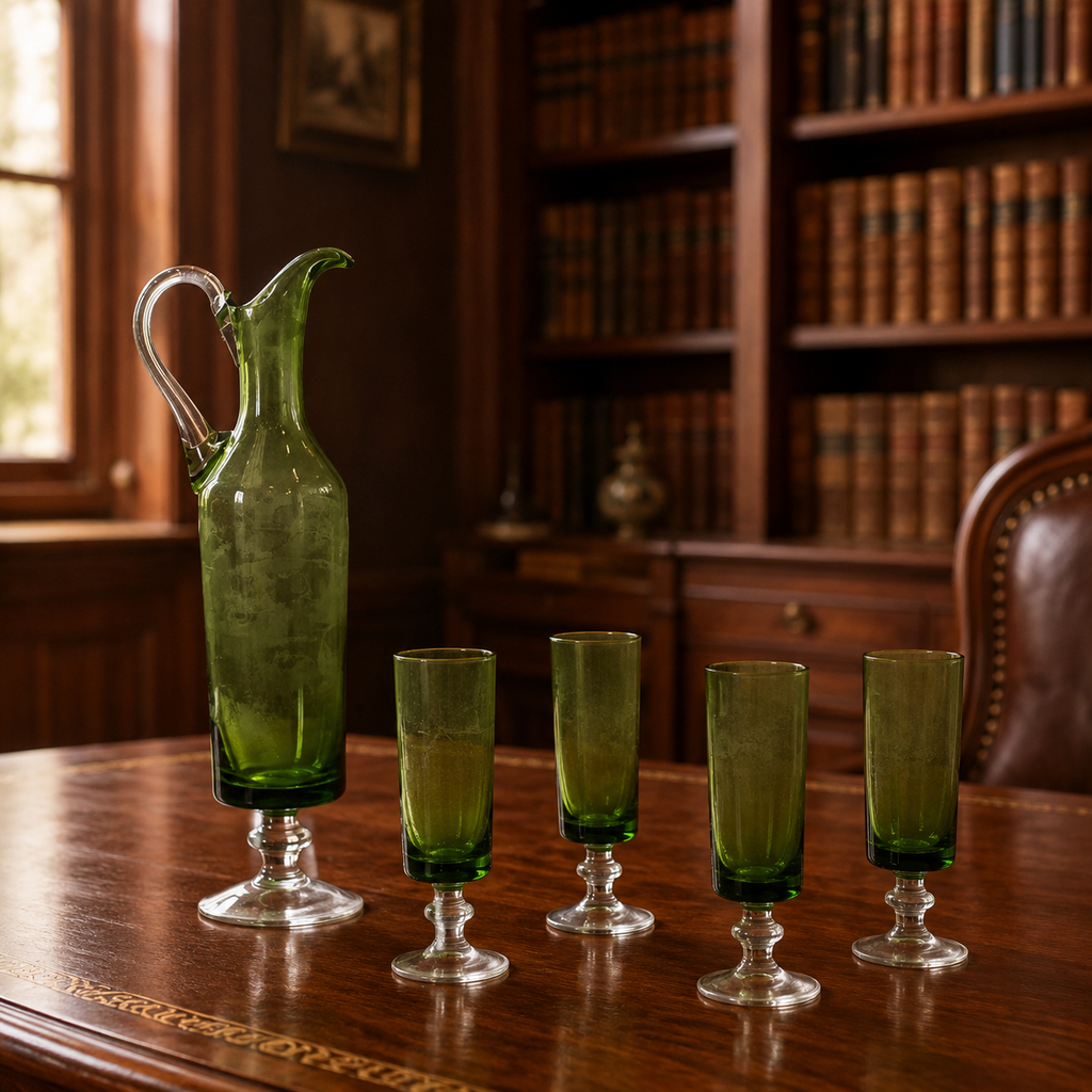 5 Pcs NAPCO Footed Olive Green Glass Decanter & Drinkware Set