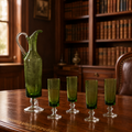 5 Pcs NAPCO Footed Olive Green Glass Decanter & Drinkware Set
