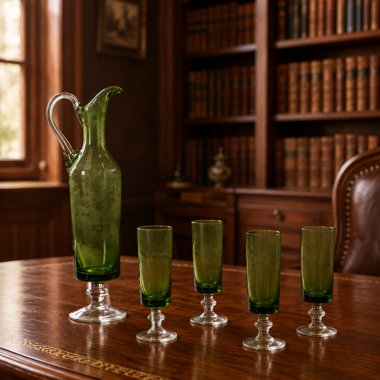 5 Pcs NAPCO Footed Olive Green Glass Decanter & Drinkware Set