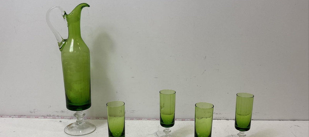 5 Pcs NAPCO Footed Olive Green Glass Decanter & Drinkware Set