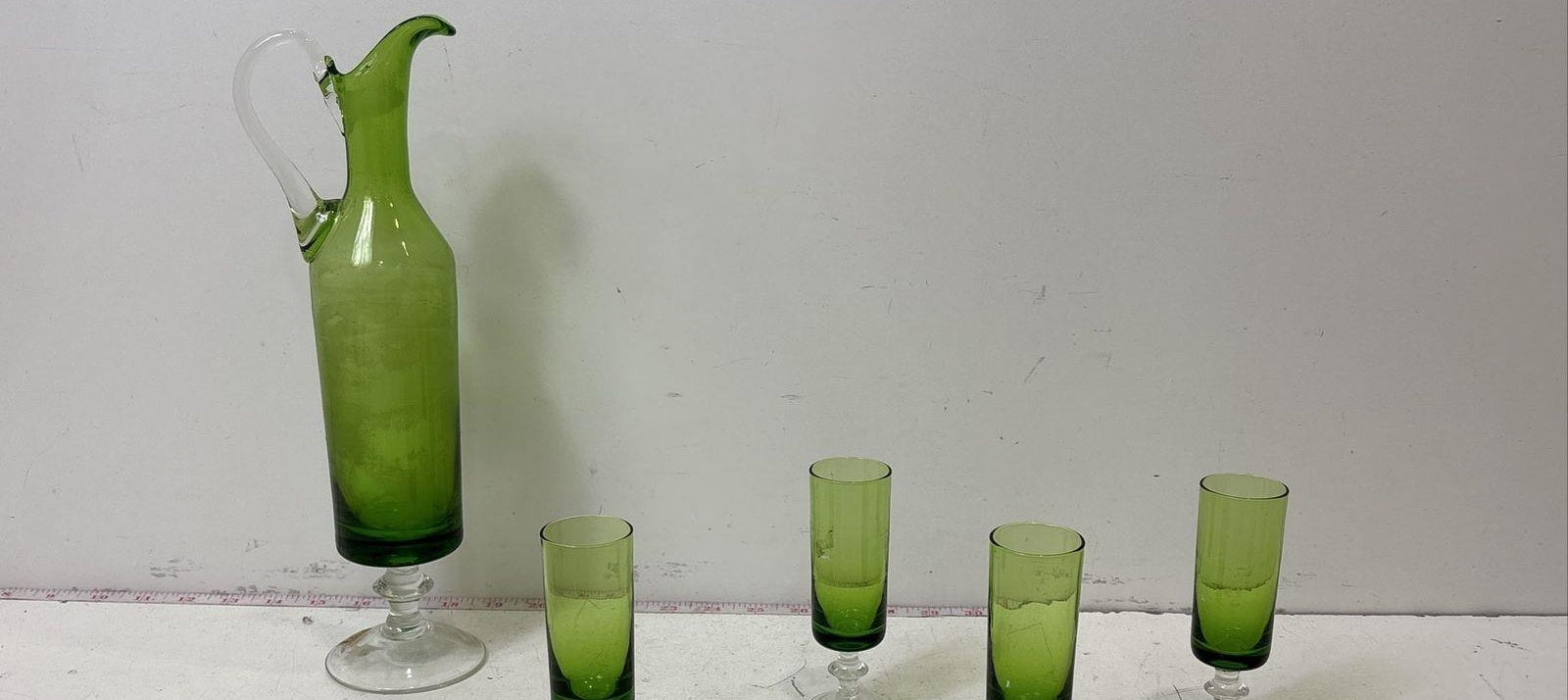 5 Pcs NAPCO Footed Olive Green Glass Decanter & Drinkware Set