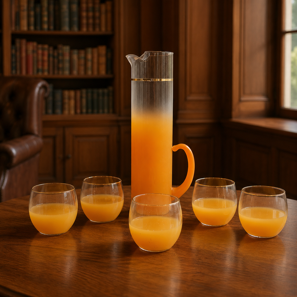 6 Pcs Frosted Gold Rim Accent Orange Fade Glass Pitcher Serving Set