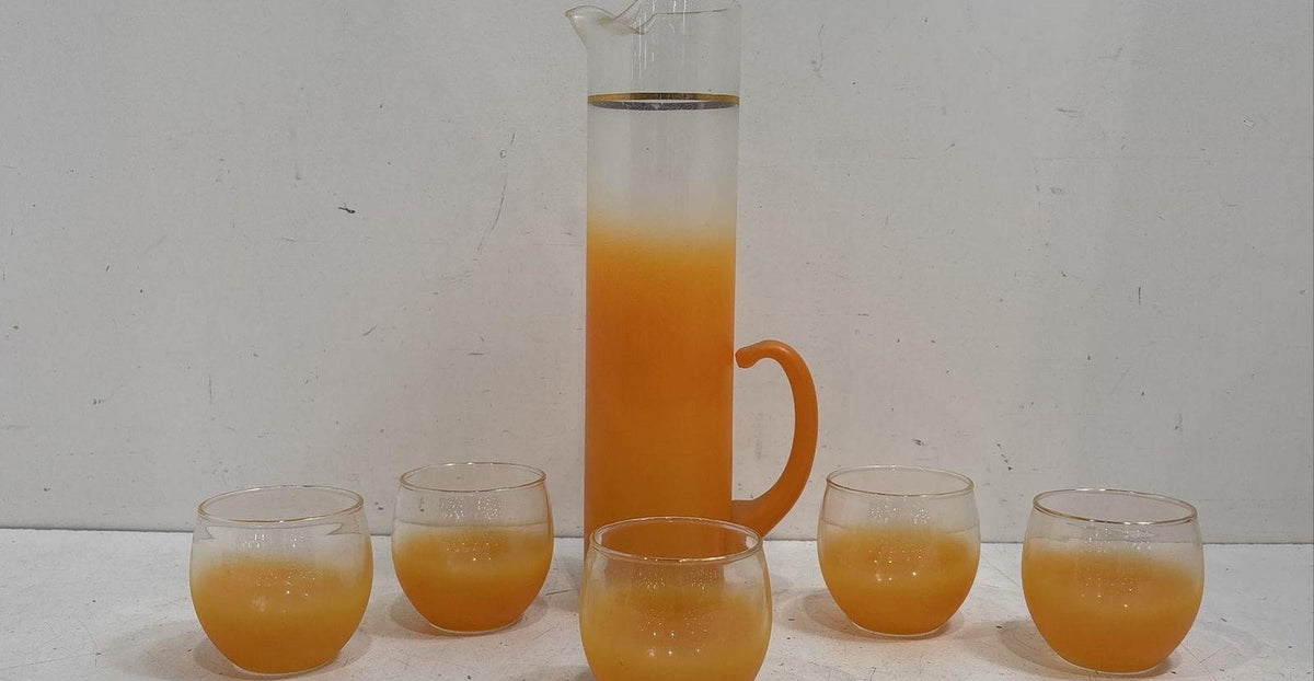 6 Pcs Frosted Gold Rim Accent Orange Fade Glass Pitcher Serving Set