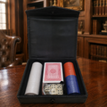 Vintage Boxed Poker Card Game Set Playing Cards Chips Dice Black Gold Case