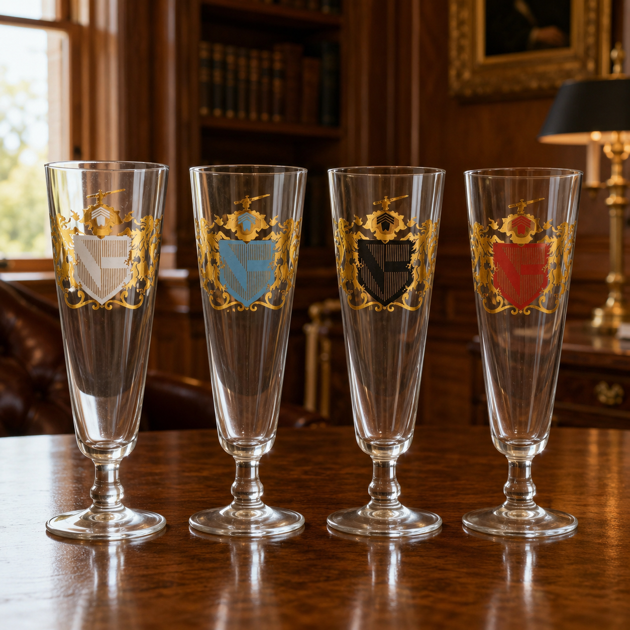 Vintage 1968 Federal Glass Camelot Coat of Arms Pilsner Glasses Boxed Set of 4