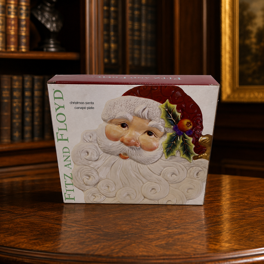 Fitz and Floyd Essentials figural Santa canape plate with curly white beard, holly and gold-tone bell, with box