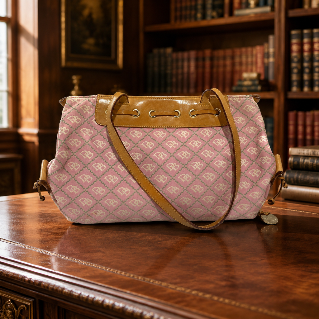 Early 2000s Dooney & Bourke Pink Signature DB Canvas Barrel Shoulder Bag