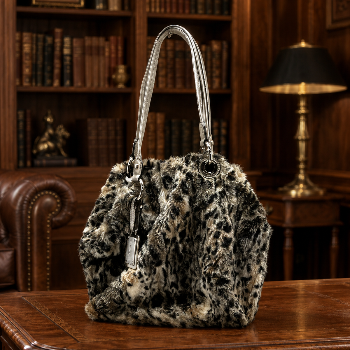 Makowsky gray, black and white leopard print faux fur bucket shoulder bag with silver-tone straps