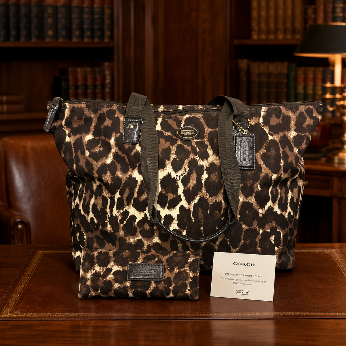Coach brown leopard print nylon packable weekender tote with matching zip pouch