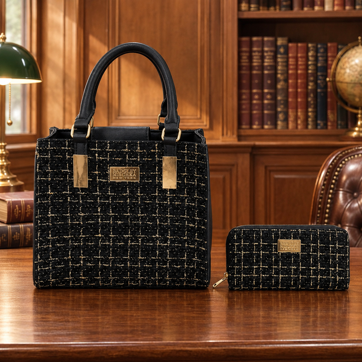 Badgley Mischka New York Black Gold Tweed Handbag & Wallet Set