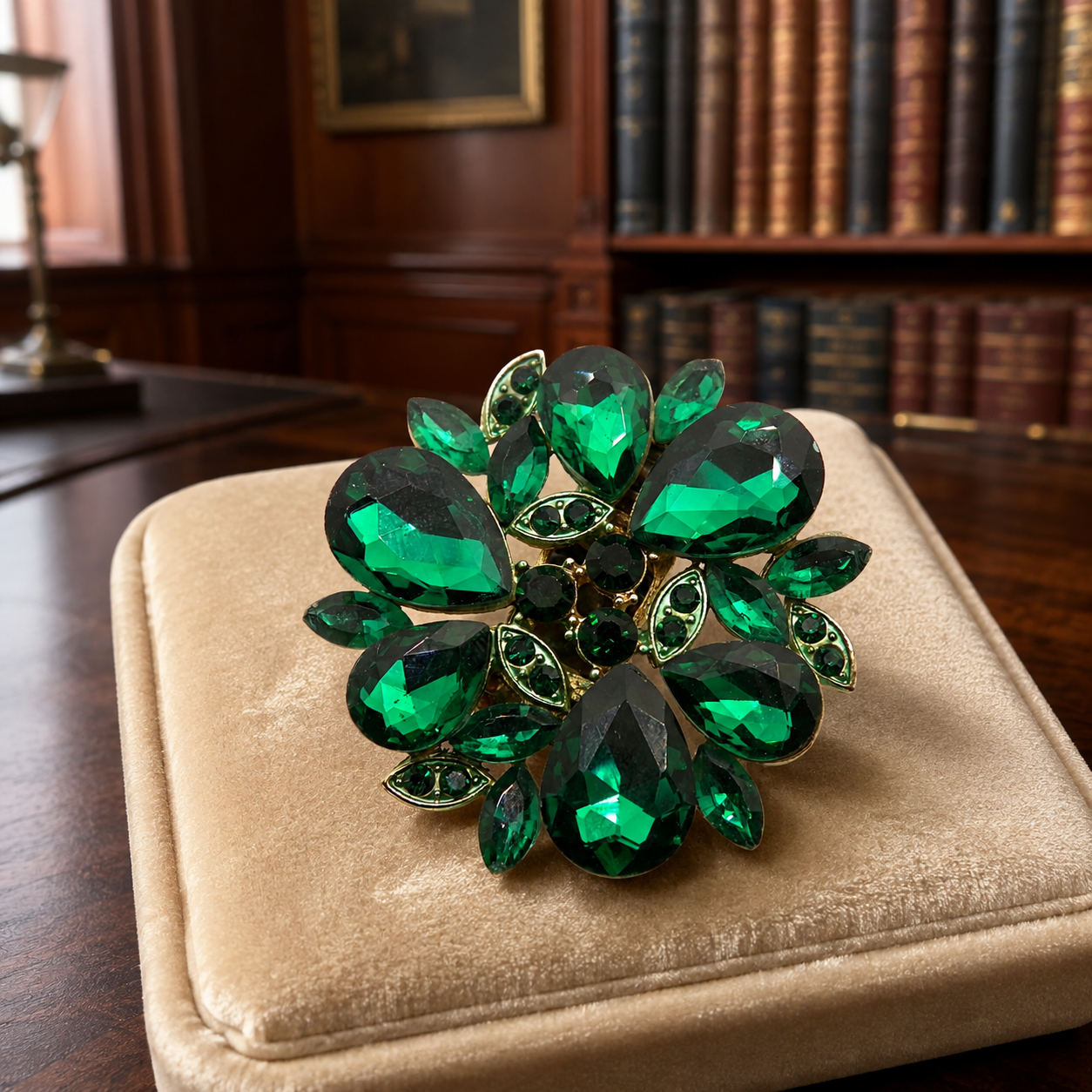 Vintage Gold Tone Green Rhinestone Cluster Stretch Cocktail Ring