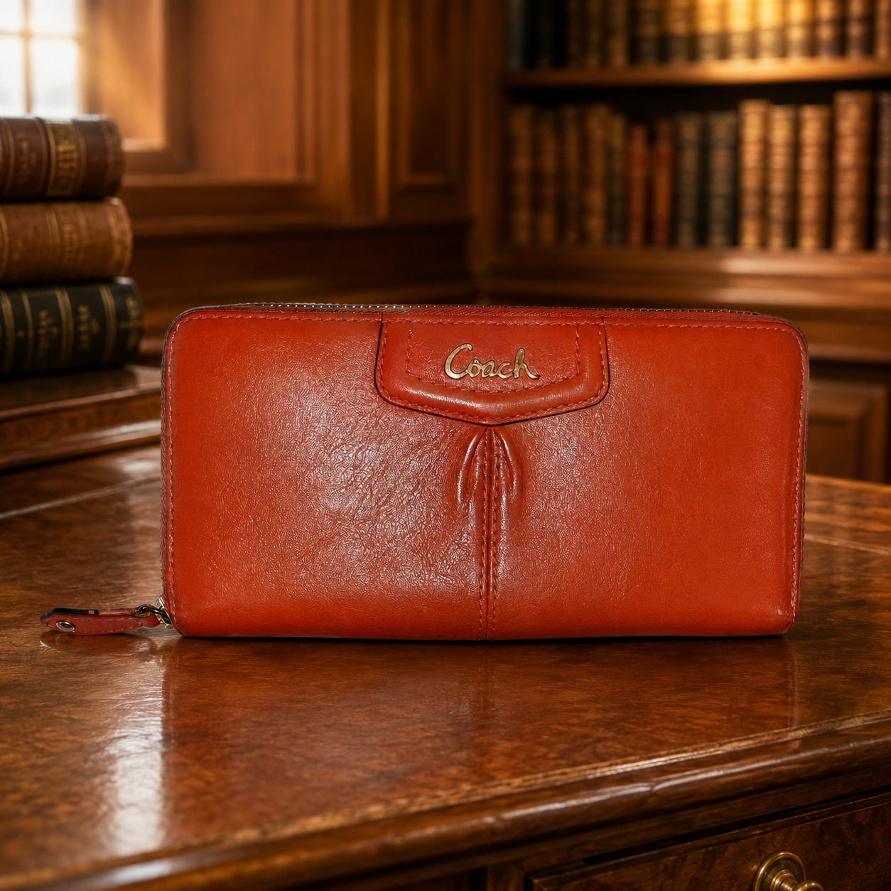 Coach Burnt Orange Leather Zip Around Continental Wallet