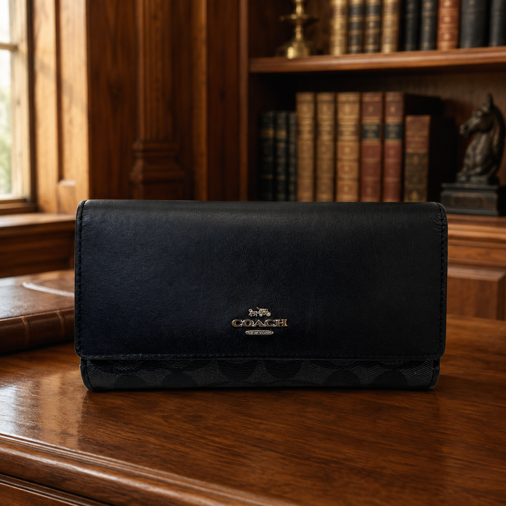Coach Black Leather Signature Canvas Slim Snap Wallet
