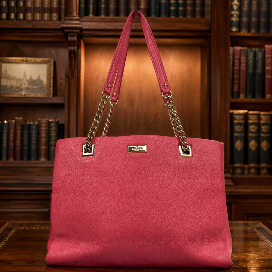 Kate Spade New York raspberry pink pebbled leather shoulder tote with chain and leather straps