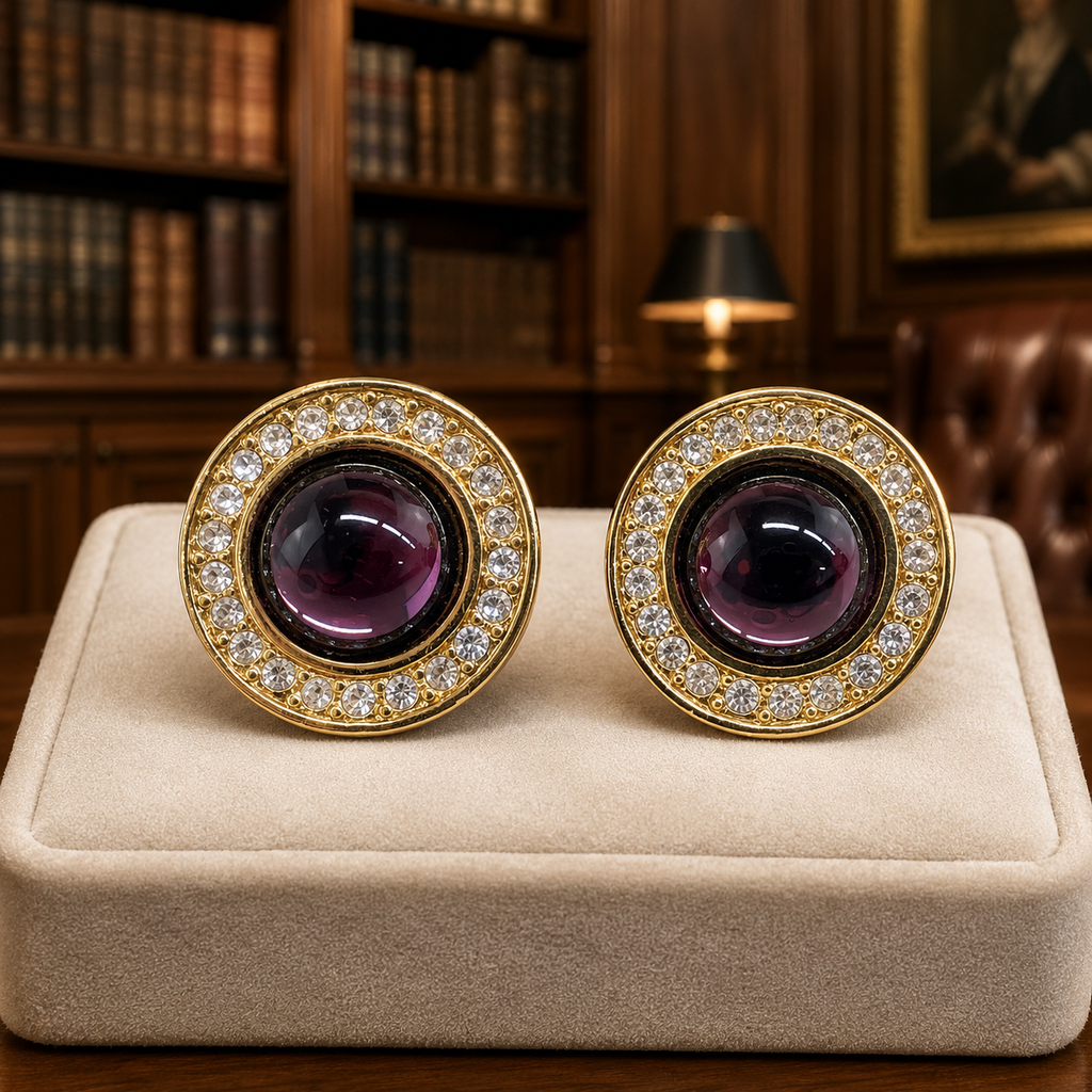 Vintage Monet Gold-Tone Purple & Clear Stone Clip-On Earrings