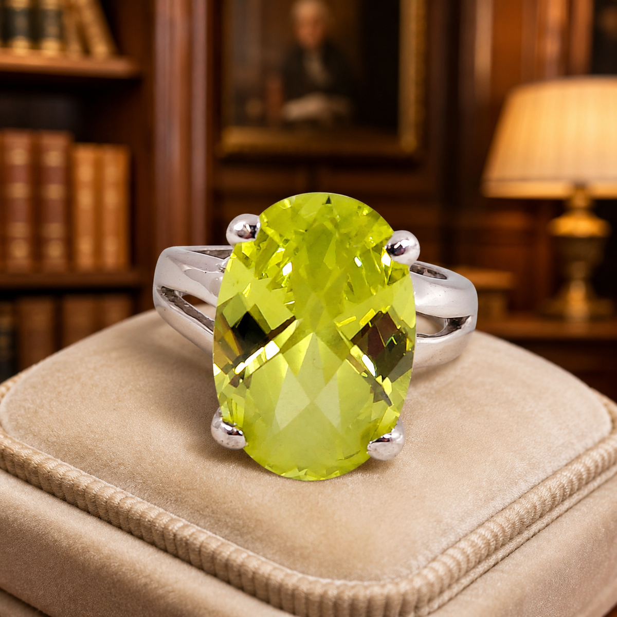 Silver-tone split-shank ring with large oval lime green stone