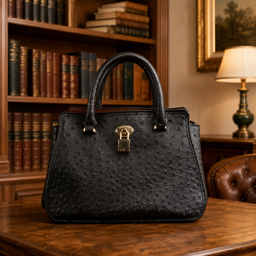London Fog black faux ostrich satchel with gold-tone padlock and rolled handles