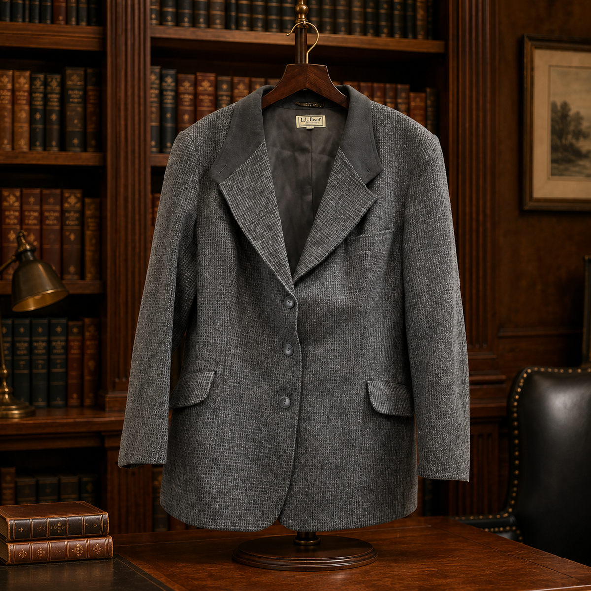 L.L.Bean women's gray herringbone blazer with notched lapels and flap pockets