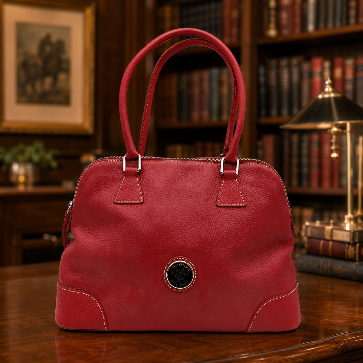 Dooney and Bourke red pebbled leather domed satchel with cream contrast stitching and rolled handles