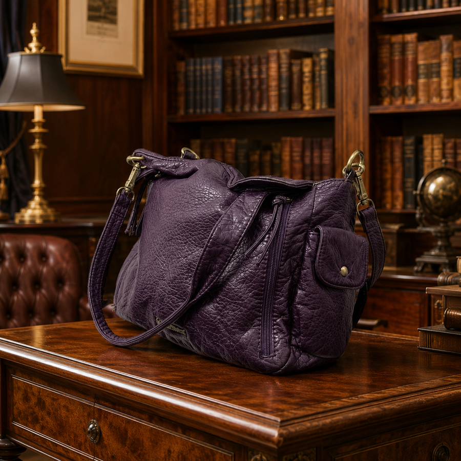 Montana West purple pebbled vegan leather satchel with drawstring top and brass-tone nameplate