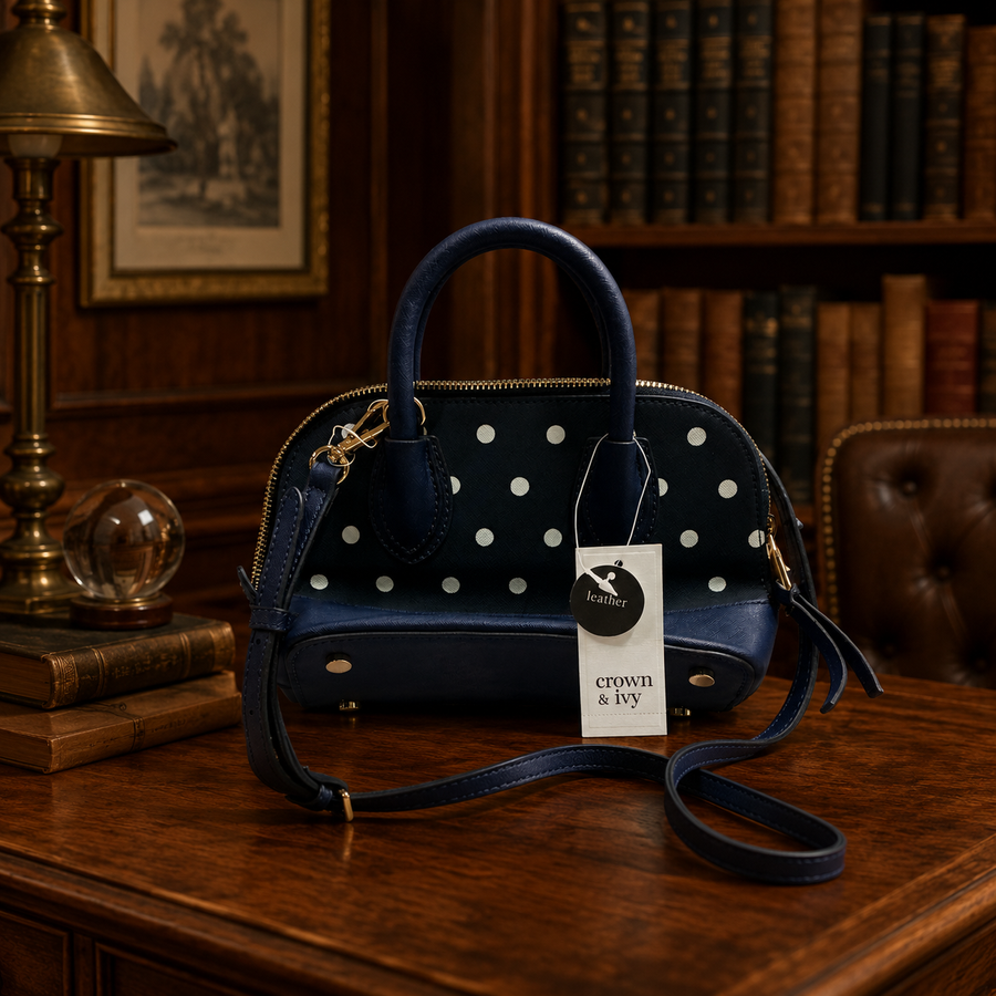Navy blue leather mini satchel with white polka dots, top handles and crossbody strap