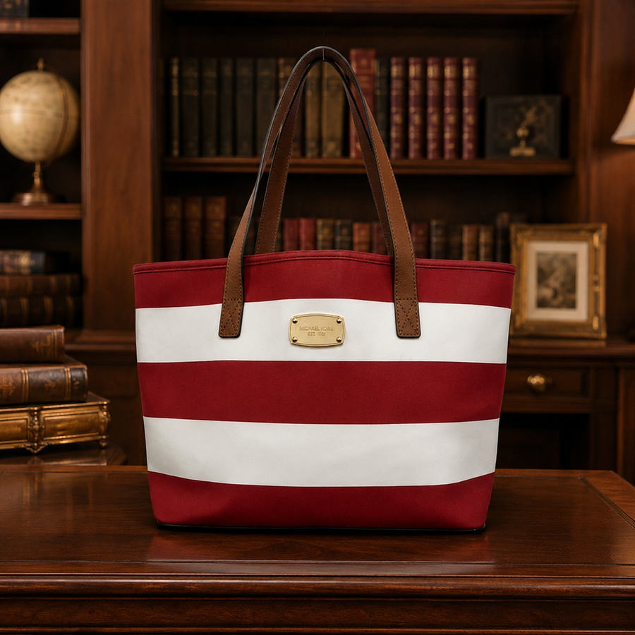 Michael Kors red and white striped small tote with brown leather trim and gold-tone logo plate