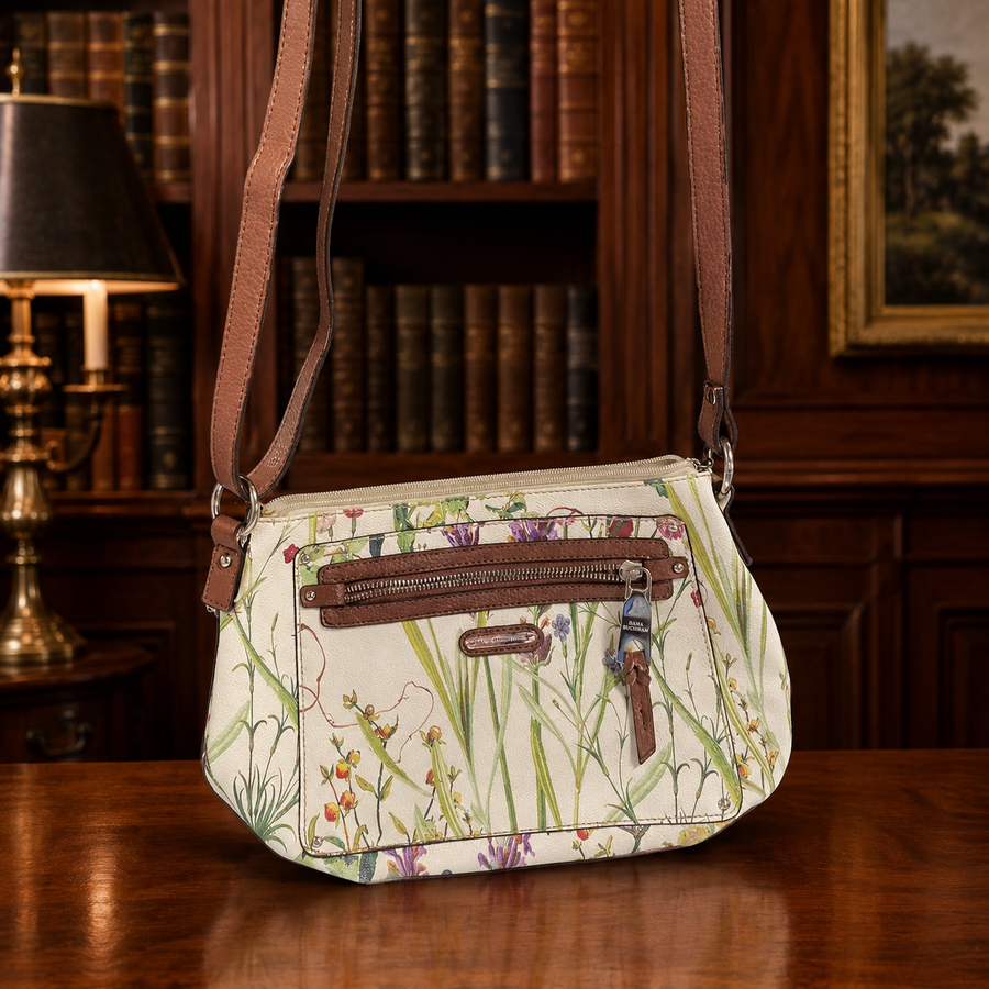 Dana Buchman ivory floral print shoulder bag with brown trim and adjustable strap