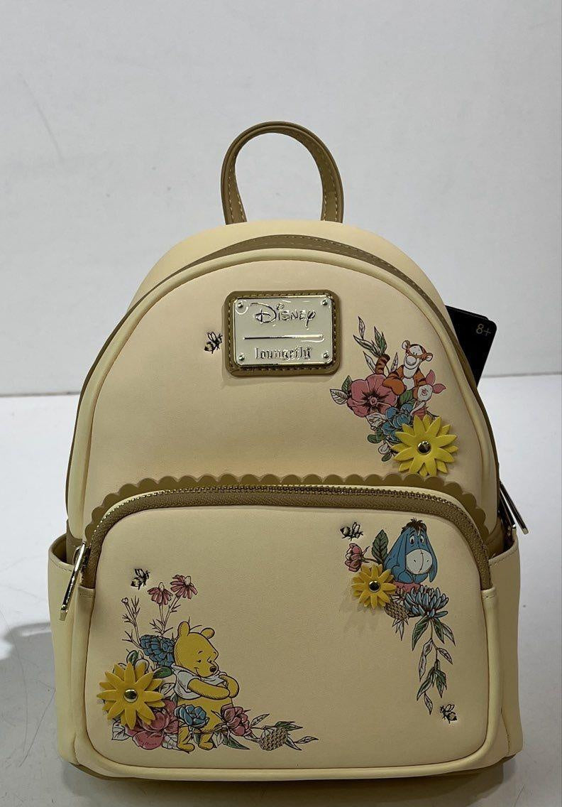 Cream faux leather mini backpack with Winnie the Pooh and floral artwork