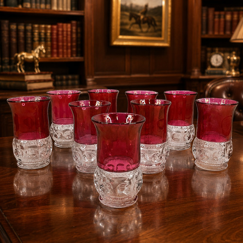 Pressed Glass Ruby Red Clear Thumbprint Pattern Juice Glasses Set 9 Vintage 4In