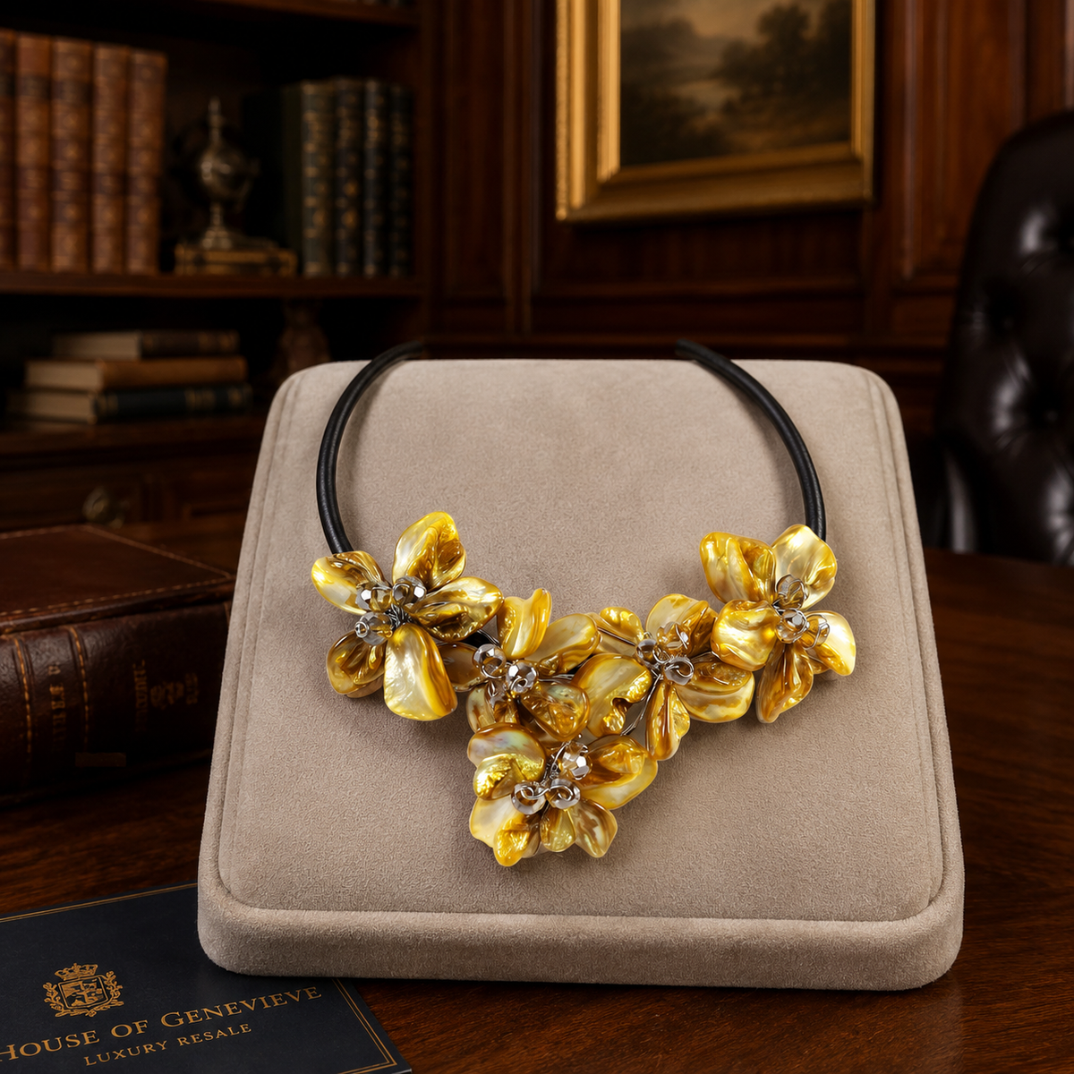 Yellow shell petal flower clusters wire-wrapped on a black cord collar with rhinestone centers