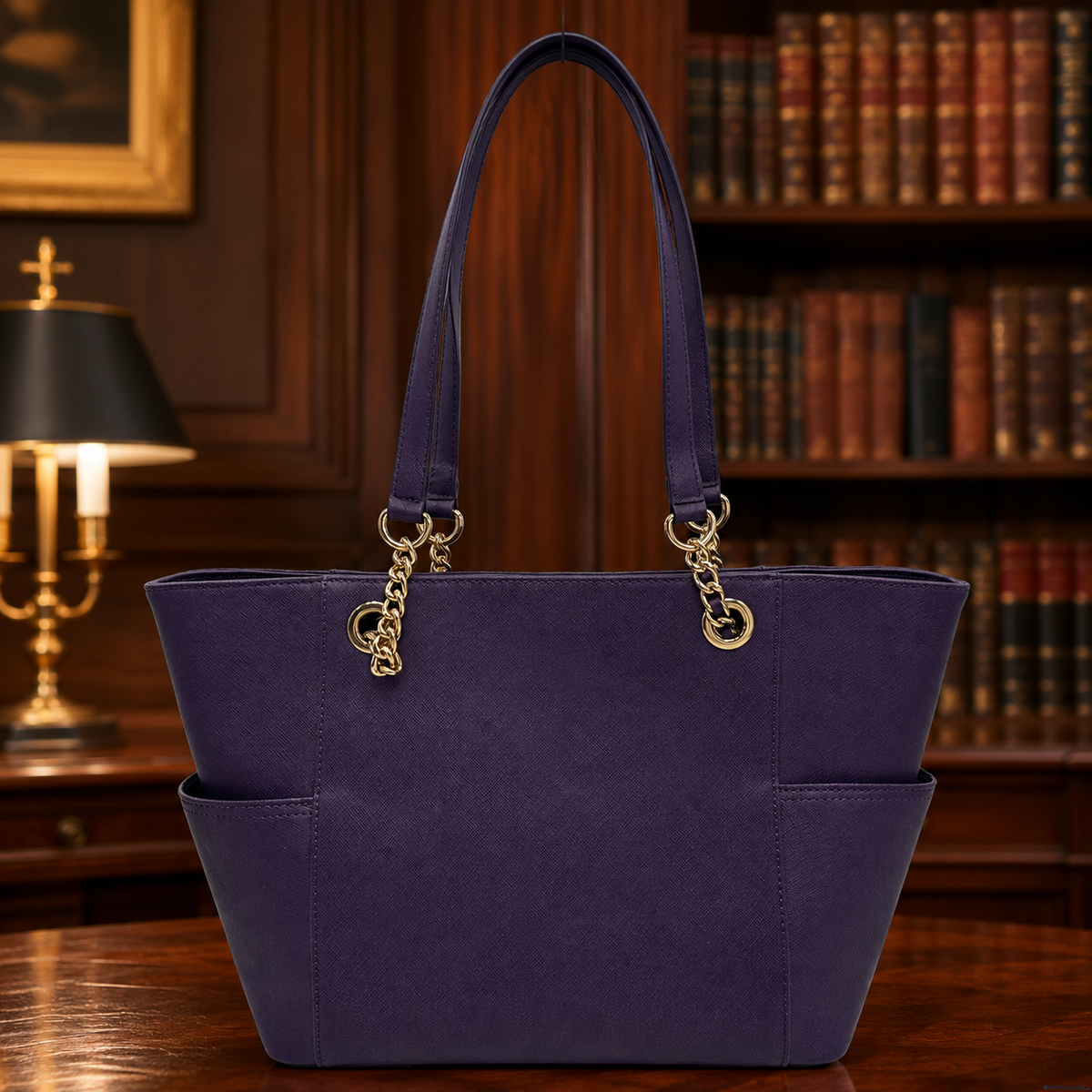 Calvin Klein plum purple saffiano-texture tote with gold-tone chain shoulder straps