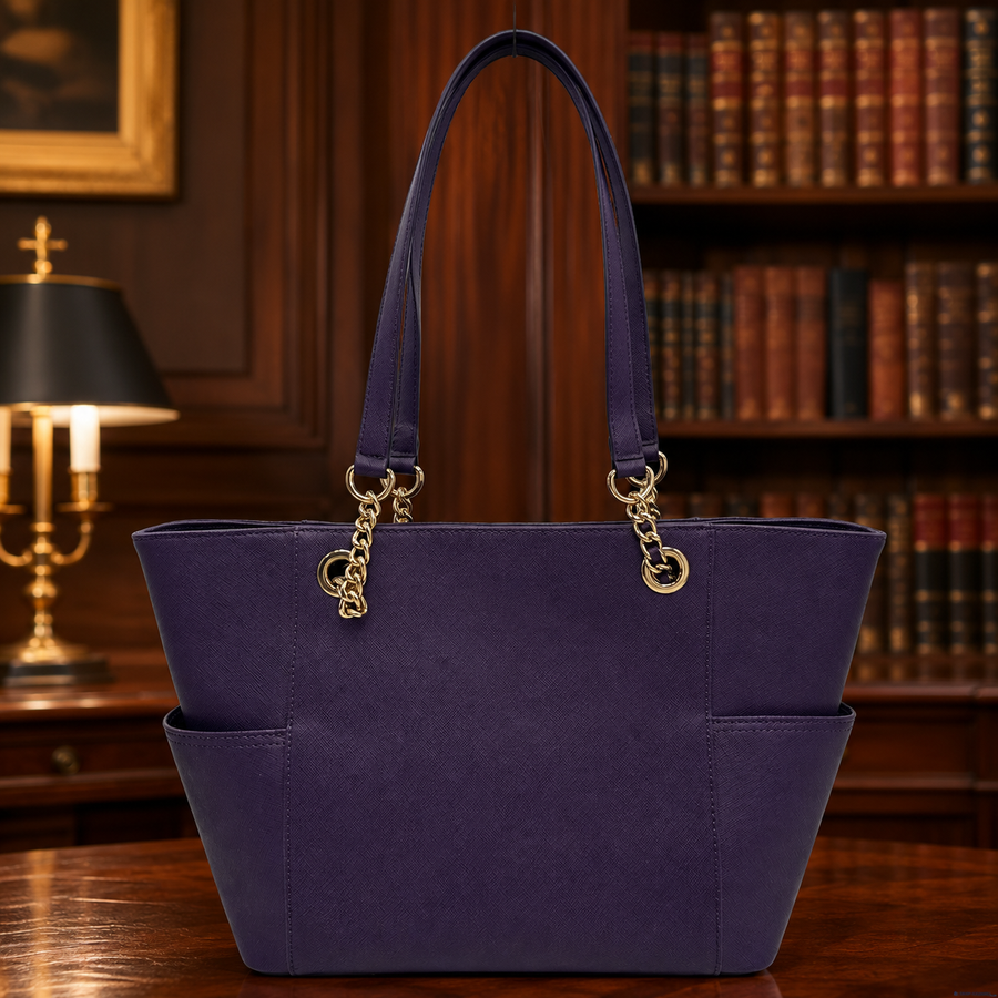 Calvin Klein plum purple saffiano-texture tote with gold-tone chain shoulder straps