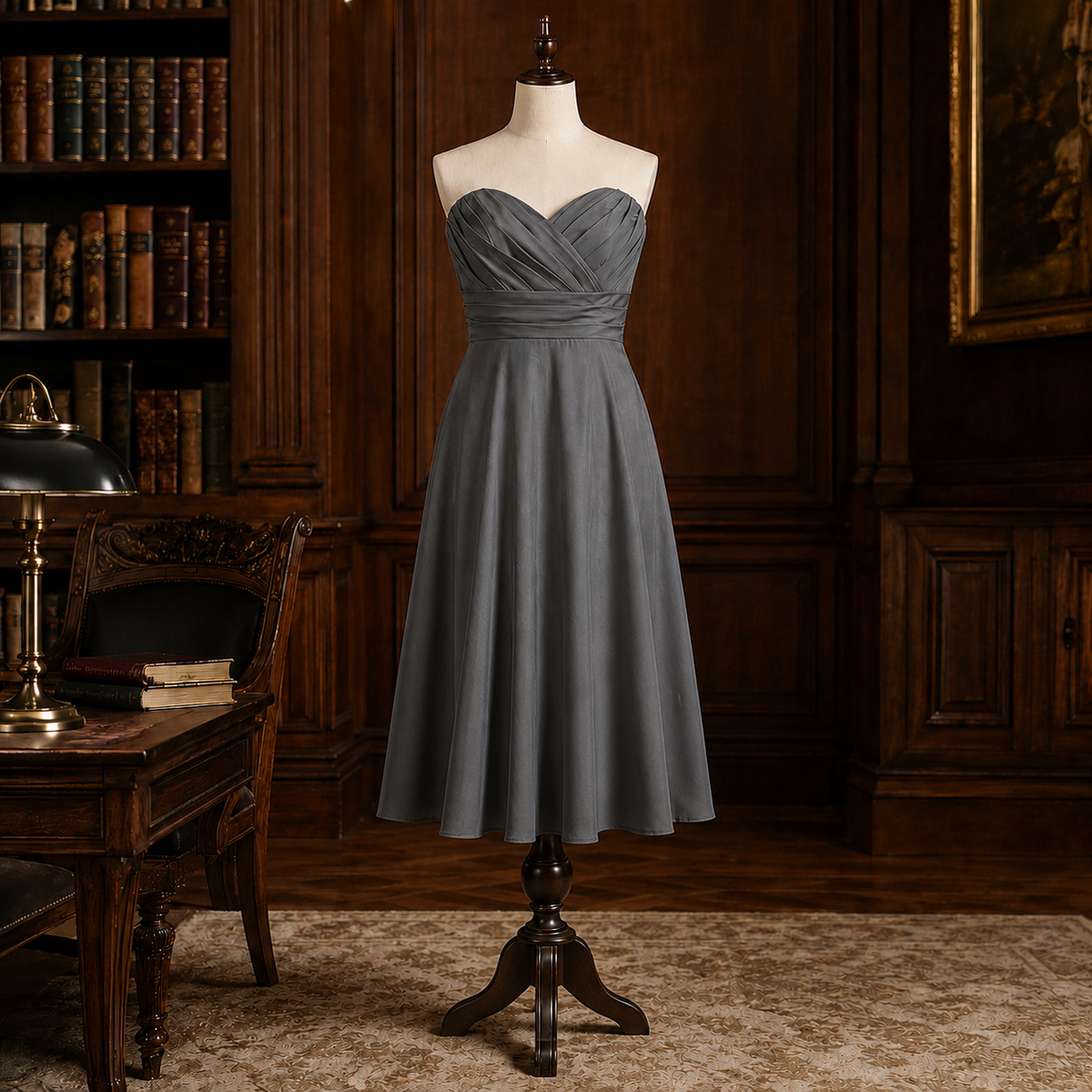 Alfred Angelo long grey strapless formal gown with structured bodice and full skirt