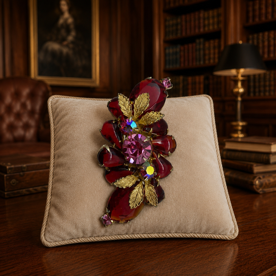 Gold-tone leaf spray brooch with red, pink and AB rhinestones