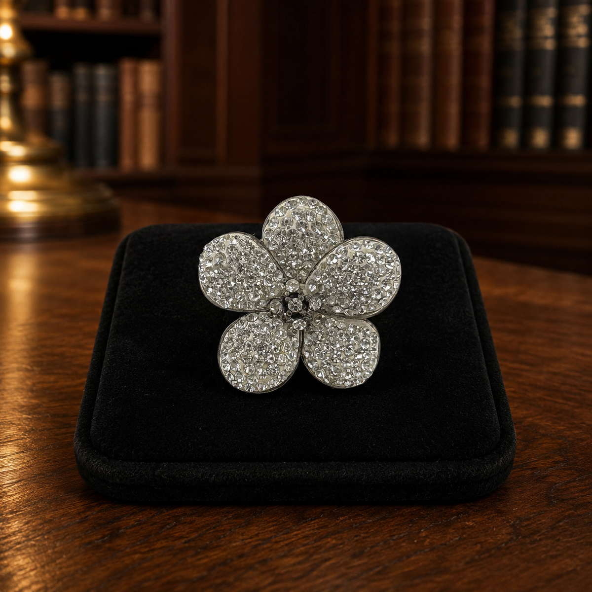 Silver five-petal flower statement ring pavé-set with clear rhinestones