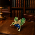 Vintage Gold Tone Hummingbird Brooch Pin with Green & Blue Enamel | Colorful Glass Gem Figural Bird Jewelry