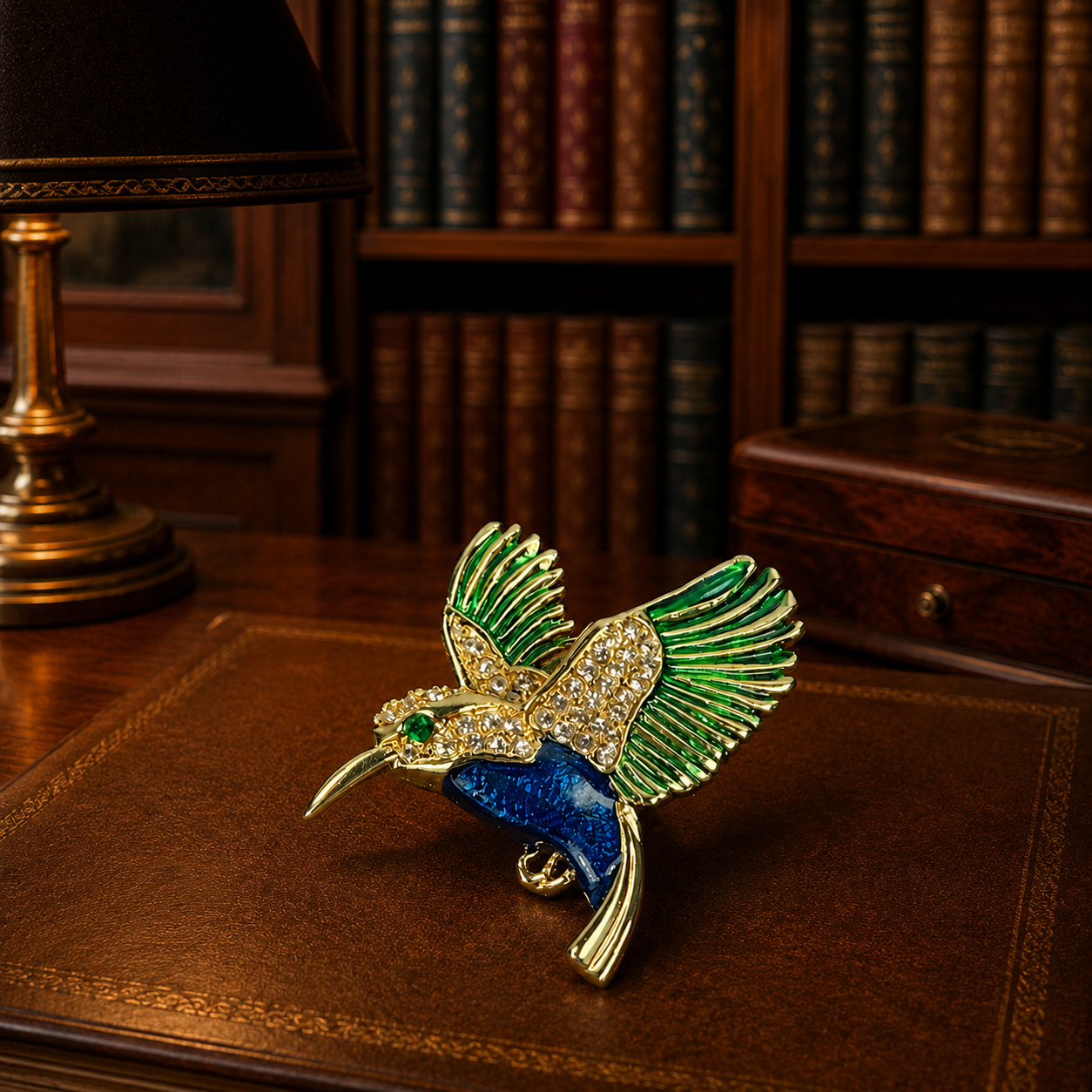 Vintage Gold Tone Hummingbird Brooch Pin with Green & Blue Enamel | Colorful Glass Gem Figural Bird Jewelry