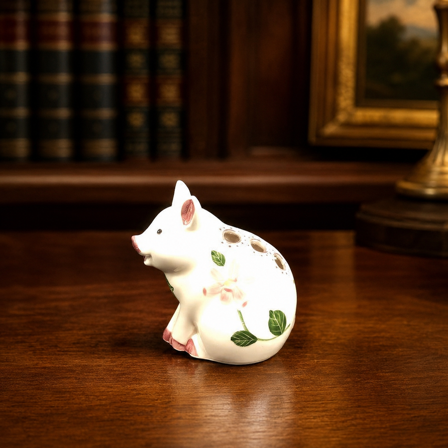 Fitz and Floyd white figural pig toothpick holder painted with pink blossoms and green stems